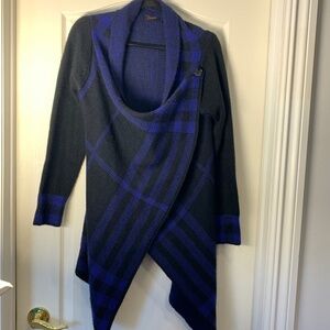 Dex Blue & Black Asymmetrical Button Cardigan – Artsy Boho Cozy Winter Knit L